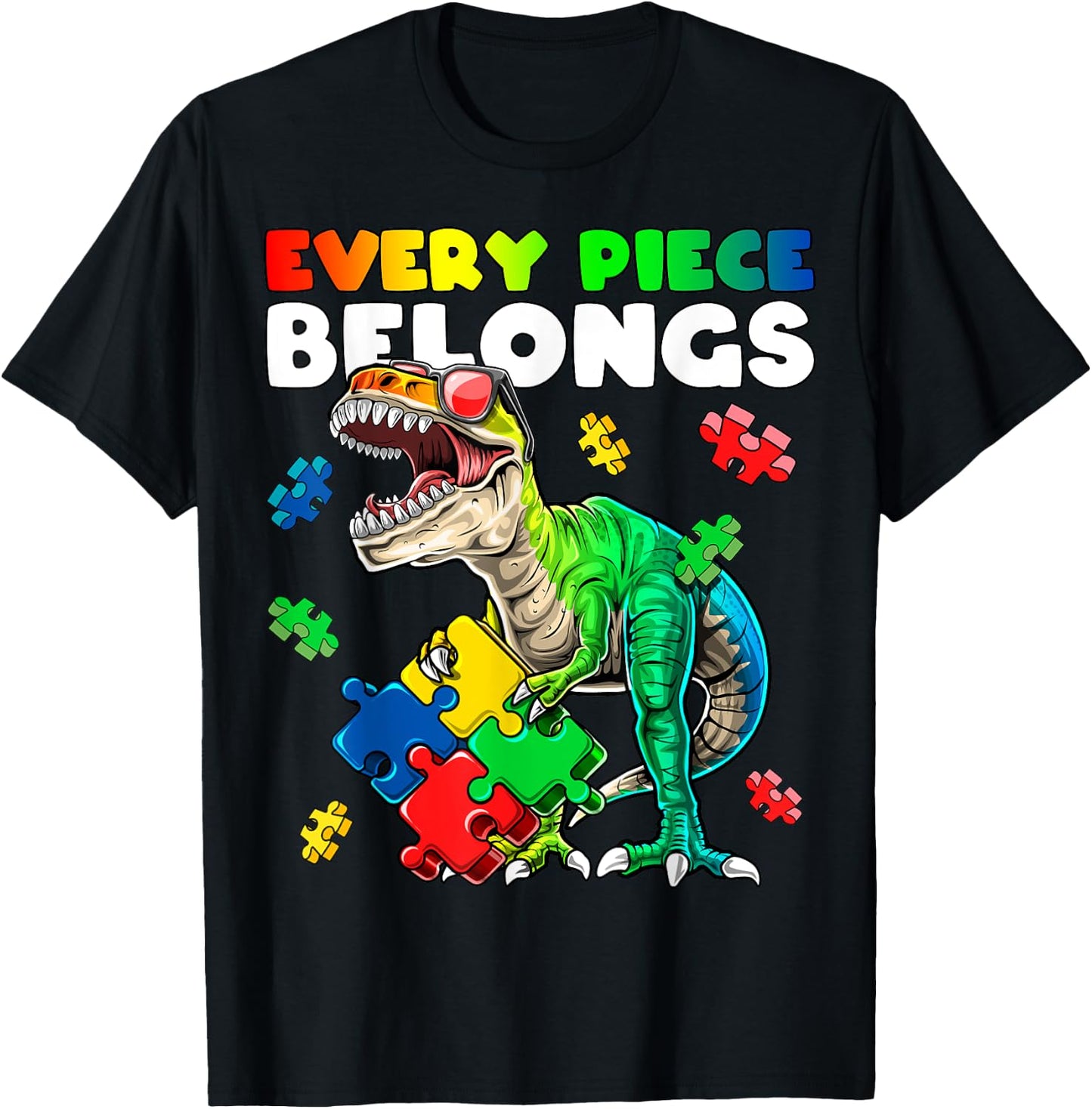 Every Piece Belongs Dinosaur Autism Awareness Puzzle Gift T-Shirt - T-Shirt | Black