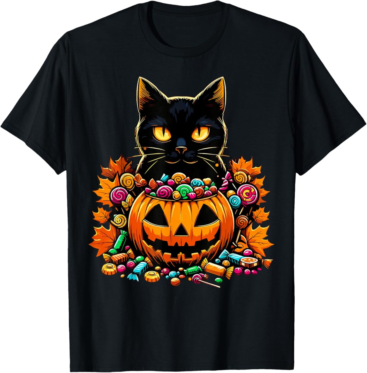 Halloween Black Cat Pumpkin Candy Autumn T-Shirt - T-Shirt | Black
