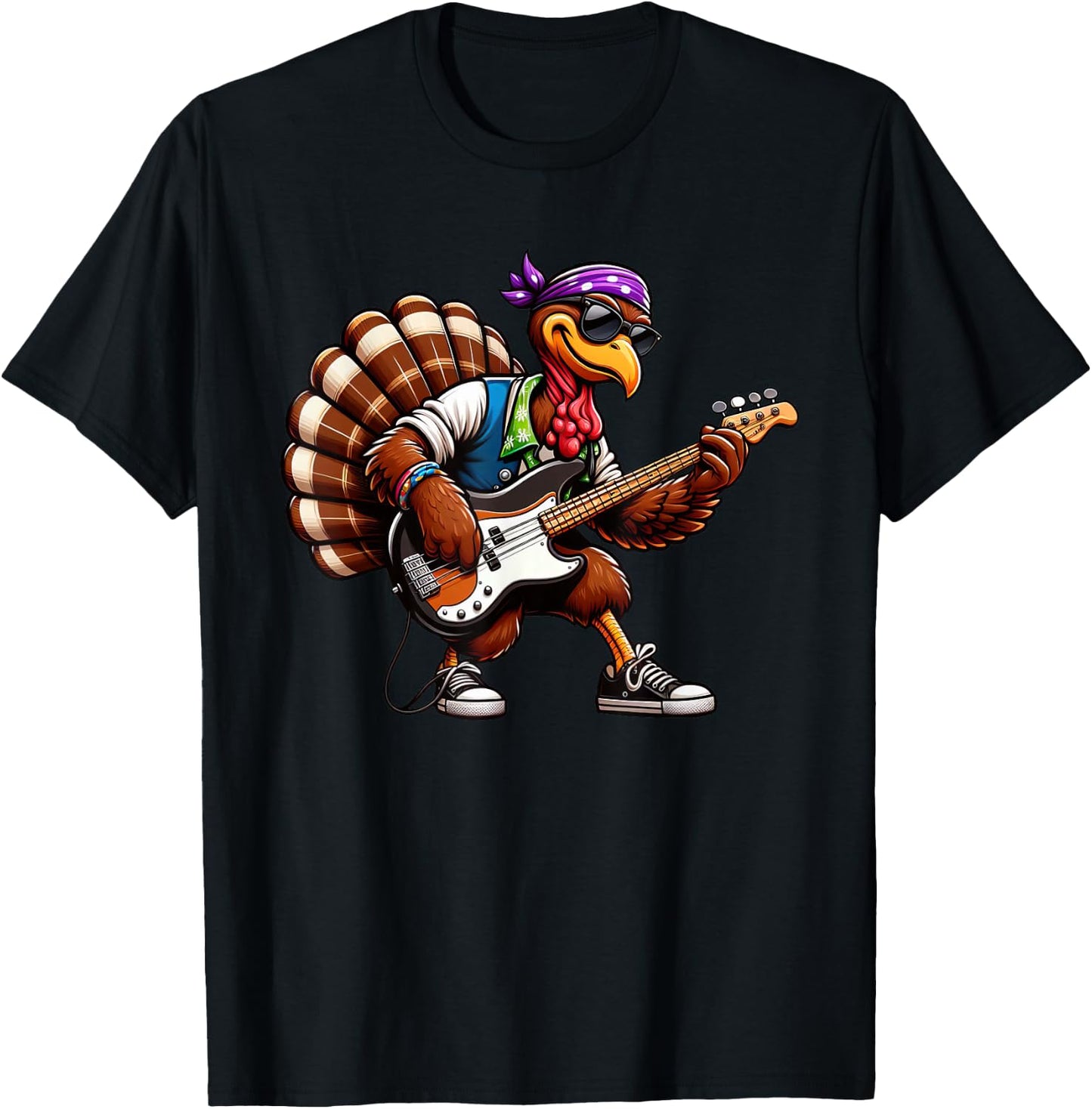 Funny Turkey Guitarist Thanksgiving Bass Guitar T-Shirt - T-Shirt | Black
