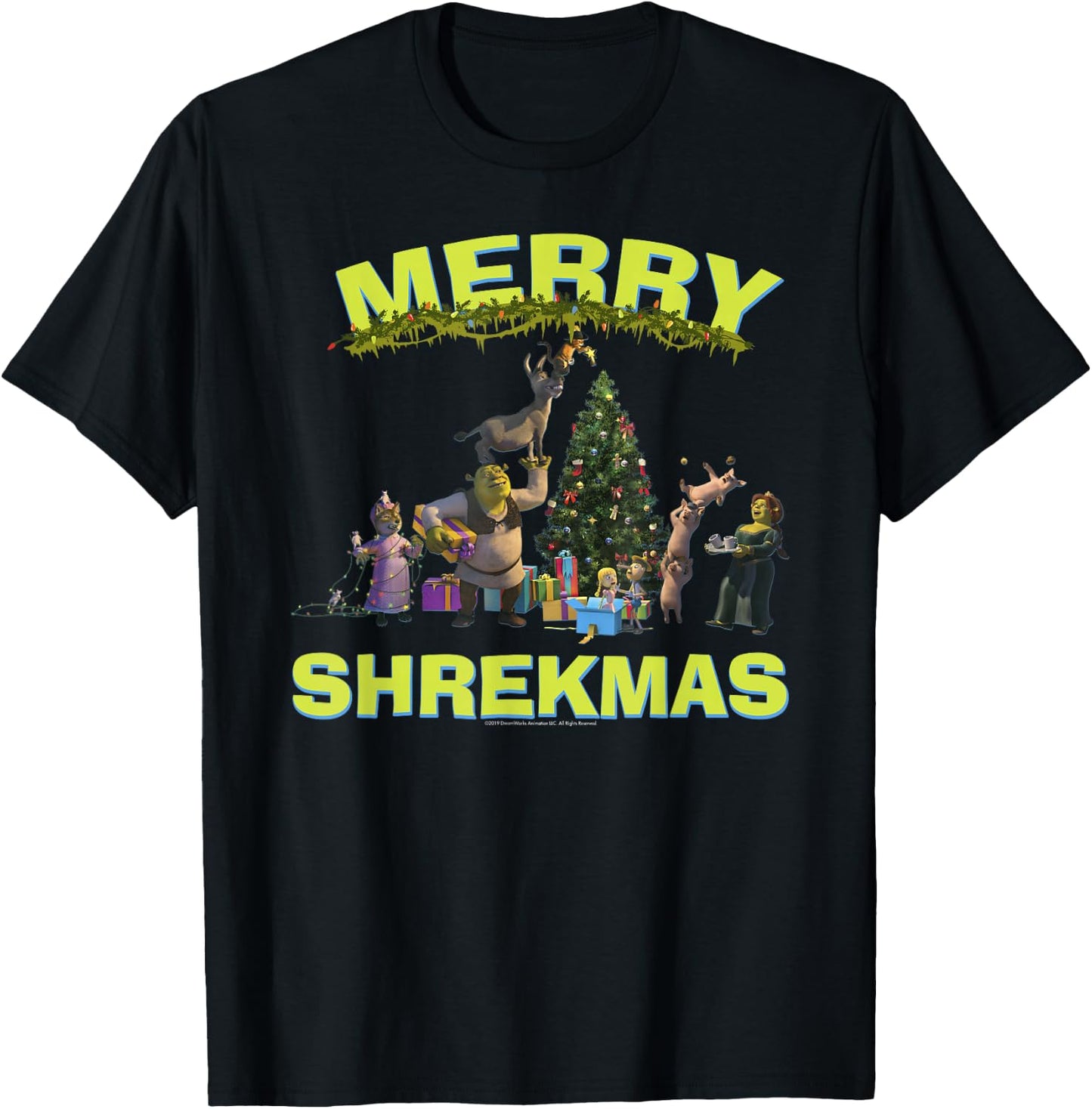 Shrek Group Shot Friends Merry Shrekmas Bold Holiday Text T-Shirt - T-Shirt | Black