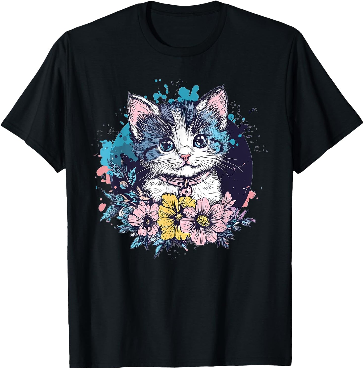 Cute Cat With Flowers I Kids Cat T-Shirt - T-Shirt | Black