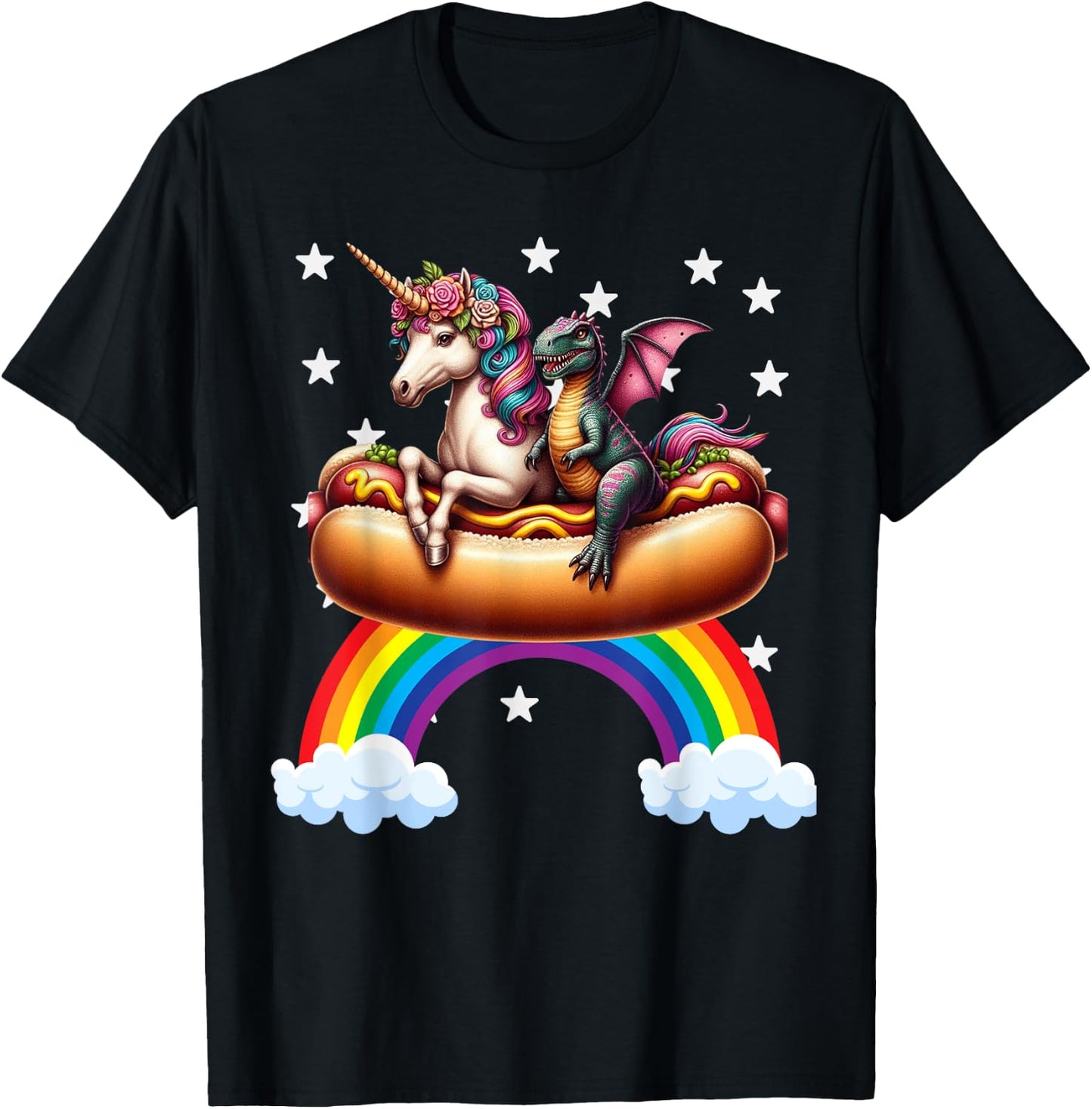 Unicorn Riding Hot Dog Boys Girls Women Kids Teens Dinosaur T-Shirt - T-Shirt | Black