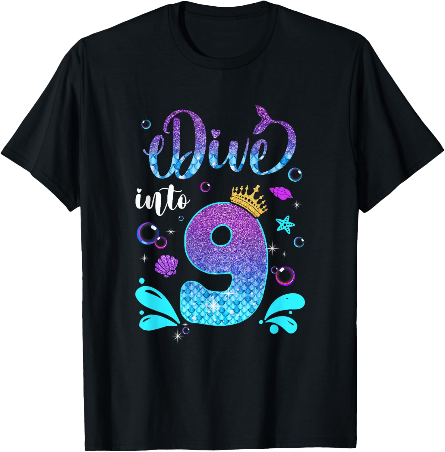 Dive Into 9 Birthday Decorations Girl 9Th Birthday Mermaid T-Shirt - T-Shirt | Black
