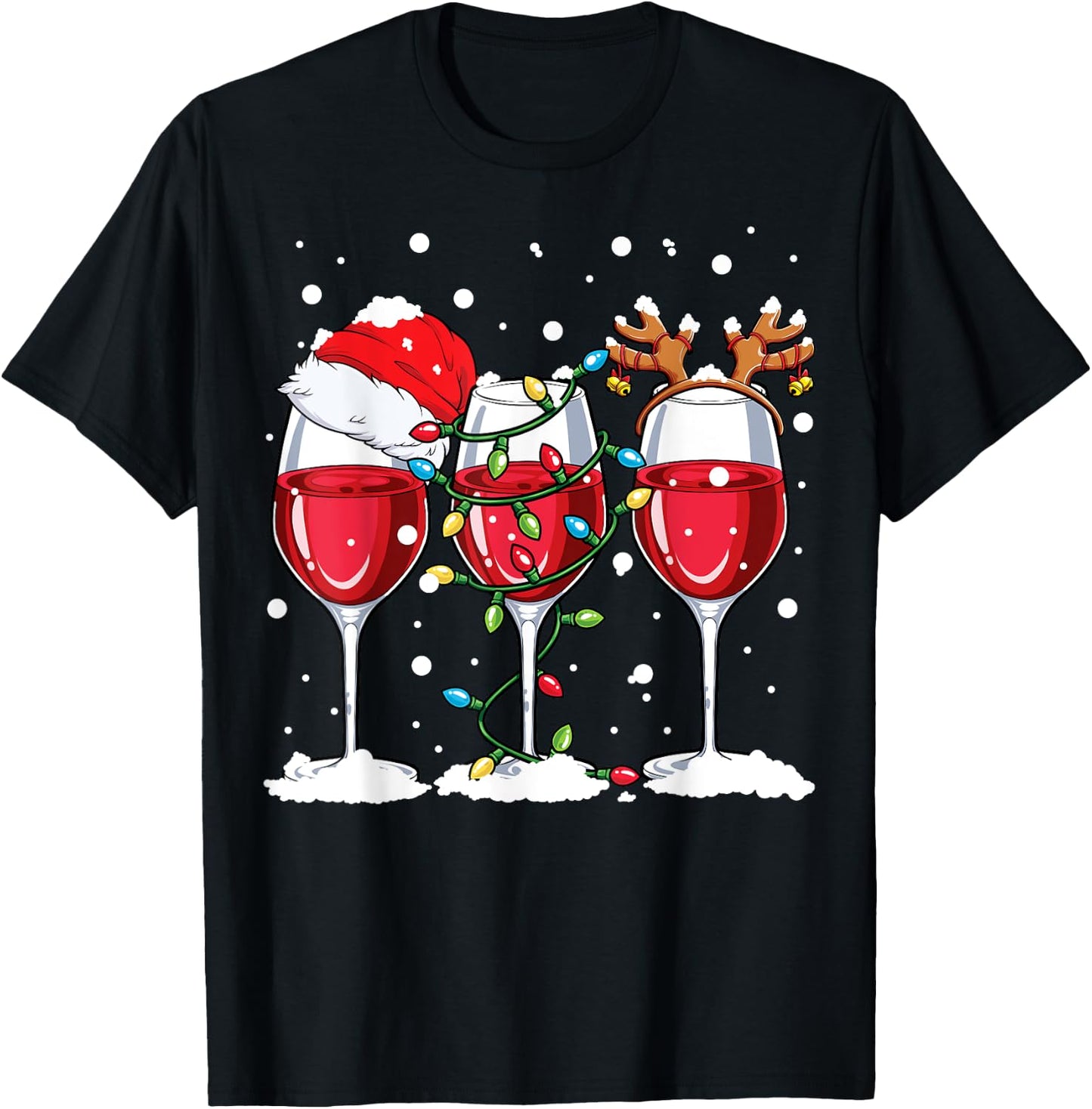 Wine Christmas Santa Hat Xmas Lights Reindeer Antlers Women T-Shirt - T-Shirt | Black