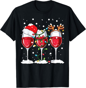 Wine Christmas Santa Hat Xmas Lights Reindeer Antlers Women T-Shirt - T-Shirt | Black