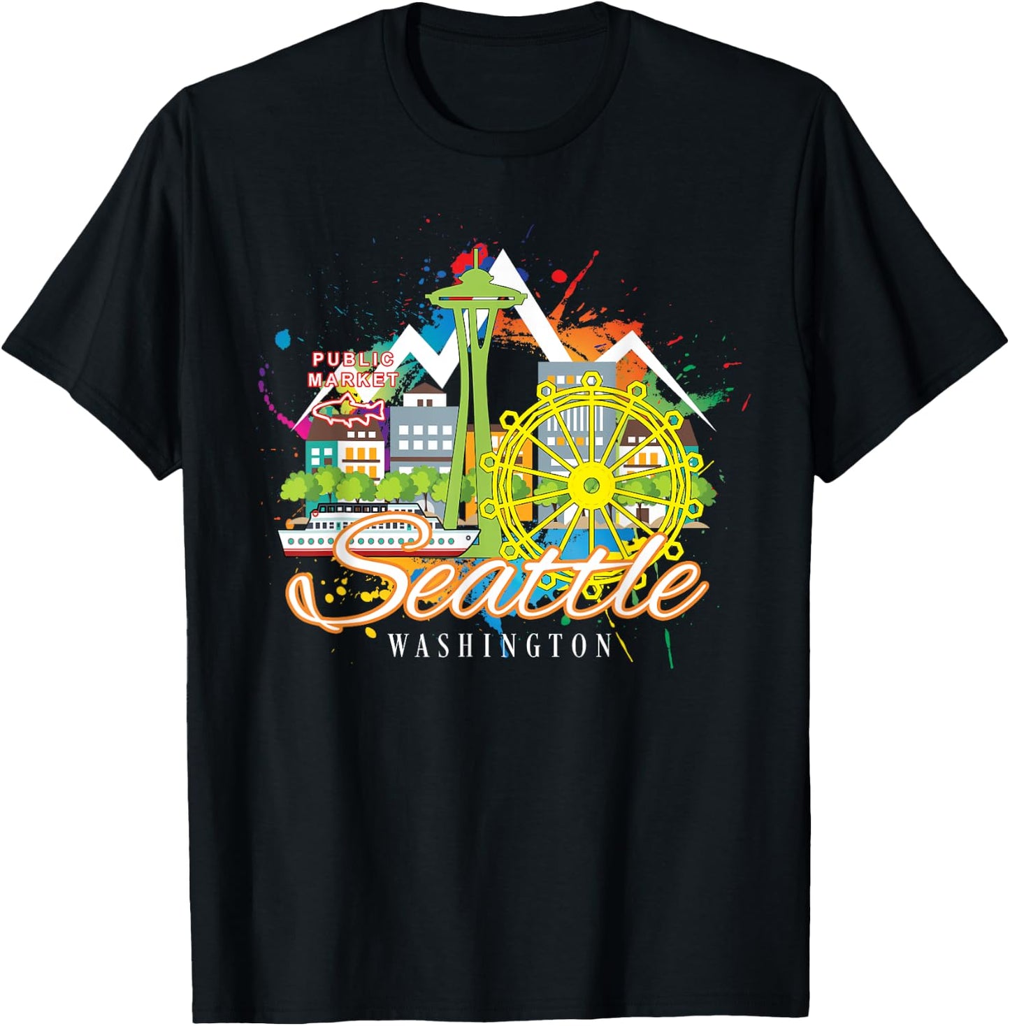 Seattle Washington Space Needle Harbor Skyline Souvenir T-Shirt - T-Shirt | Black