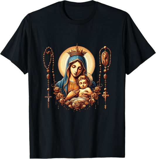 Holy Rosary Virgin Mary Baby Jesus Catholic Rosary Mysteries T-Shirt - T-Shirt | Black