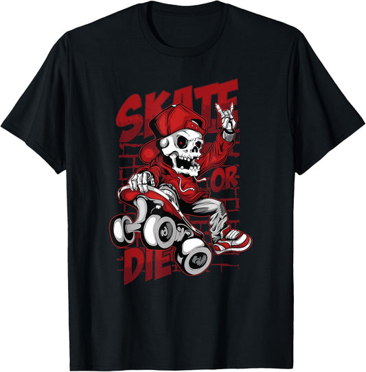 Skate or Die Skating Skeleton Skull Halloween Skateboard T-Shirt - T-Shirt | Black