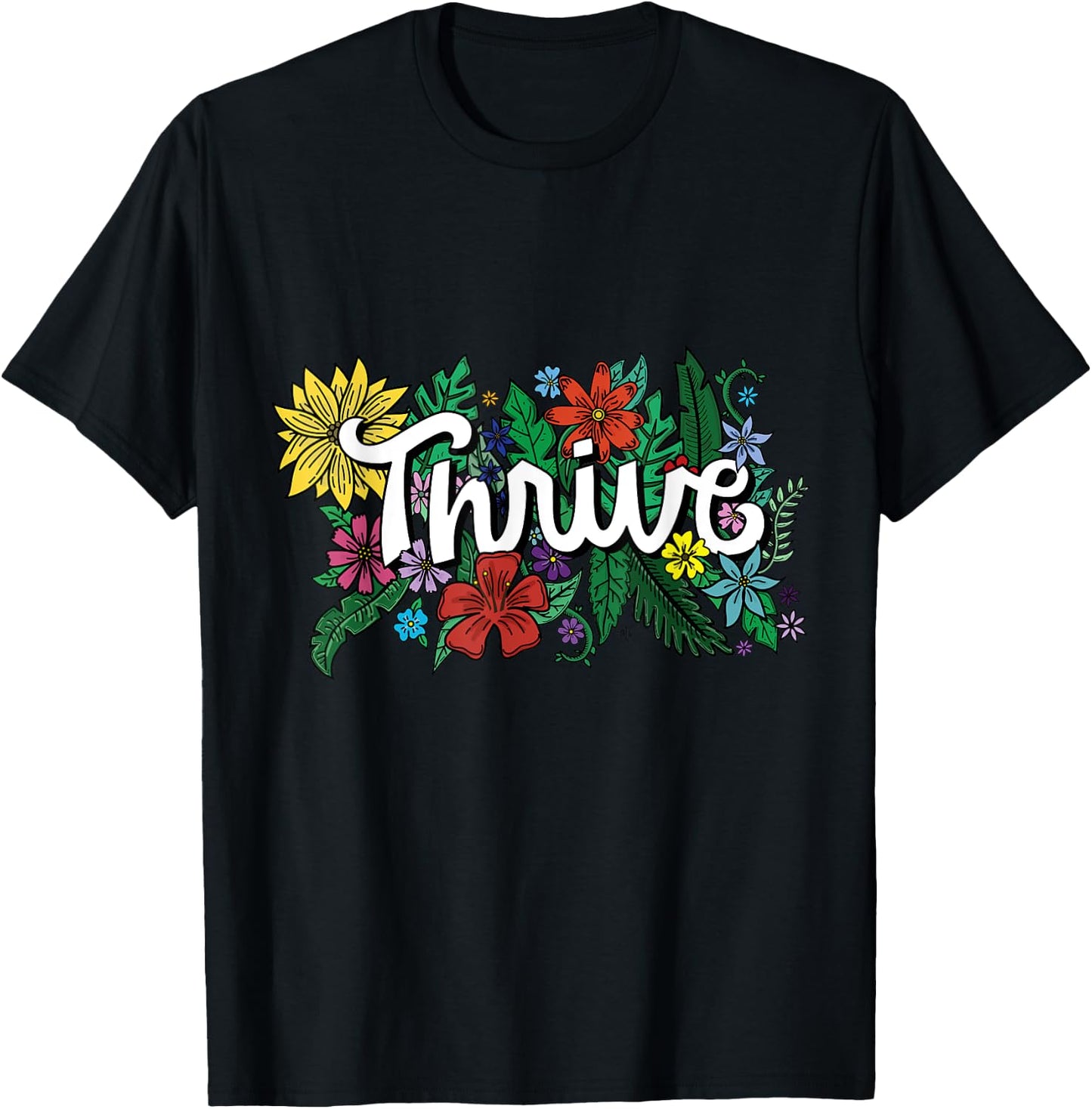 Thrive Retro Flowers Illustrated Design Graphic T Shirt T-Shirt - T-Shirt | Black