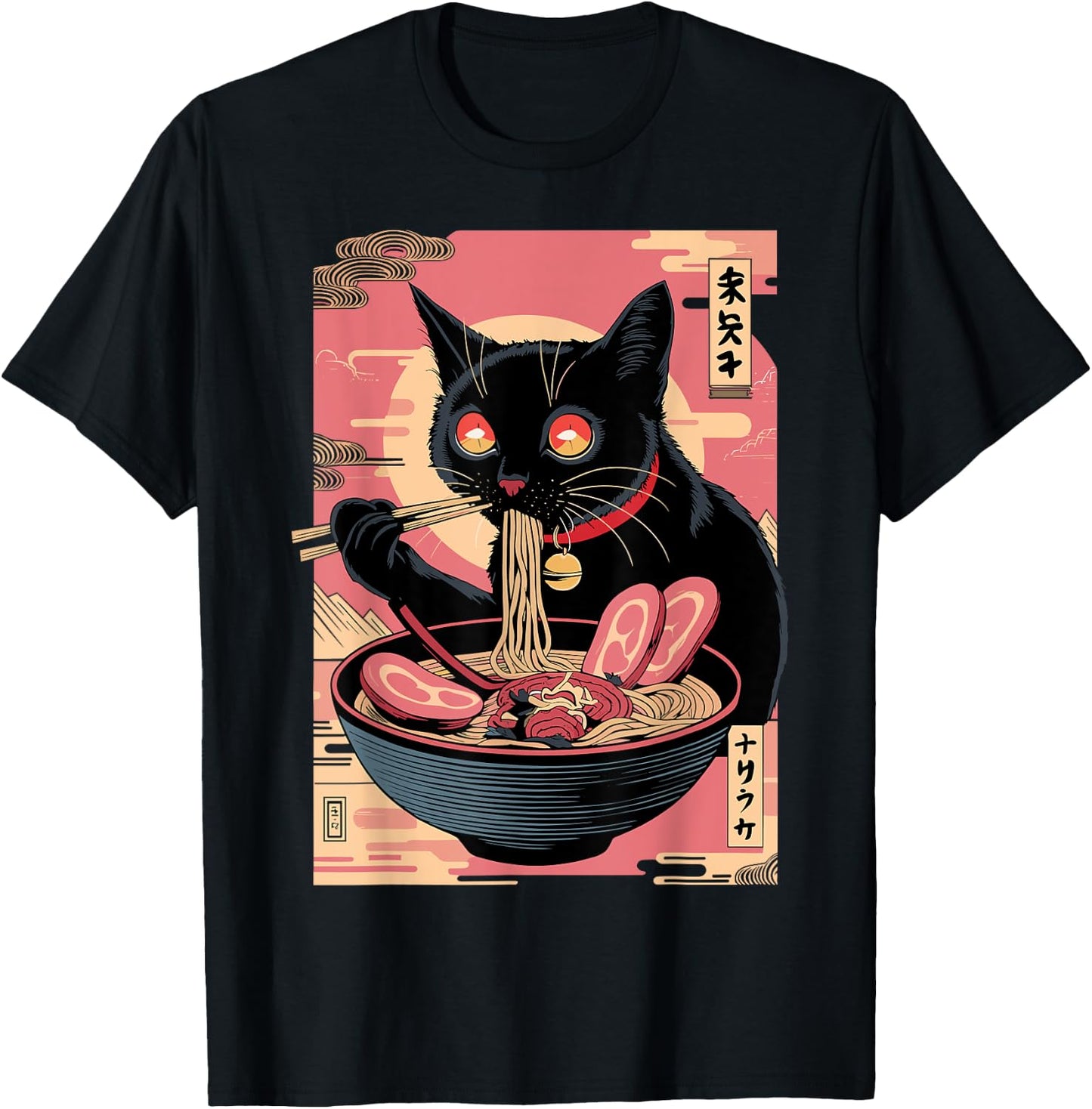 Cat Ramen Noodle Japanese Anime Kawaii T-Shirt - T-Shirt | Black
