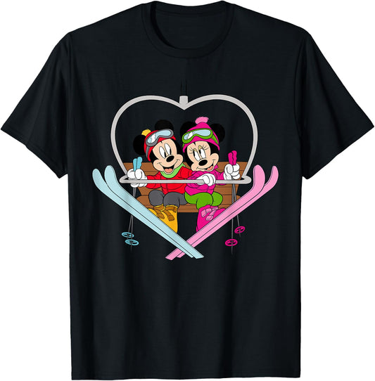 Disney Mickey and Minnie Mouse Heart Shaped Ski Lift T-Shirt - T-Shirt | Black