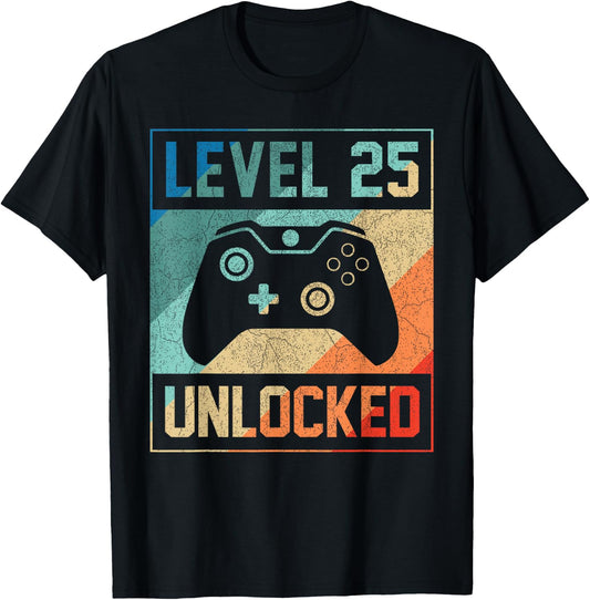 Level 25 Unlocked Video Gamer 25th Birthday Gifts T-Shirt - T-Shirt | Black