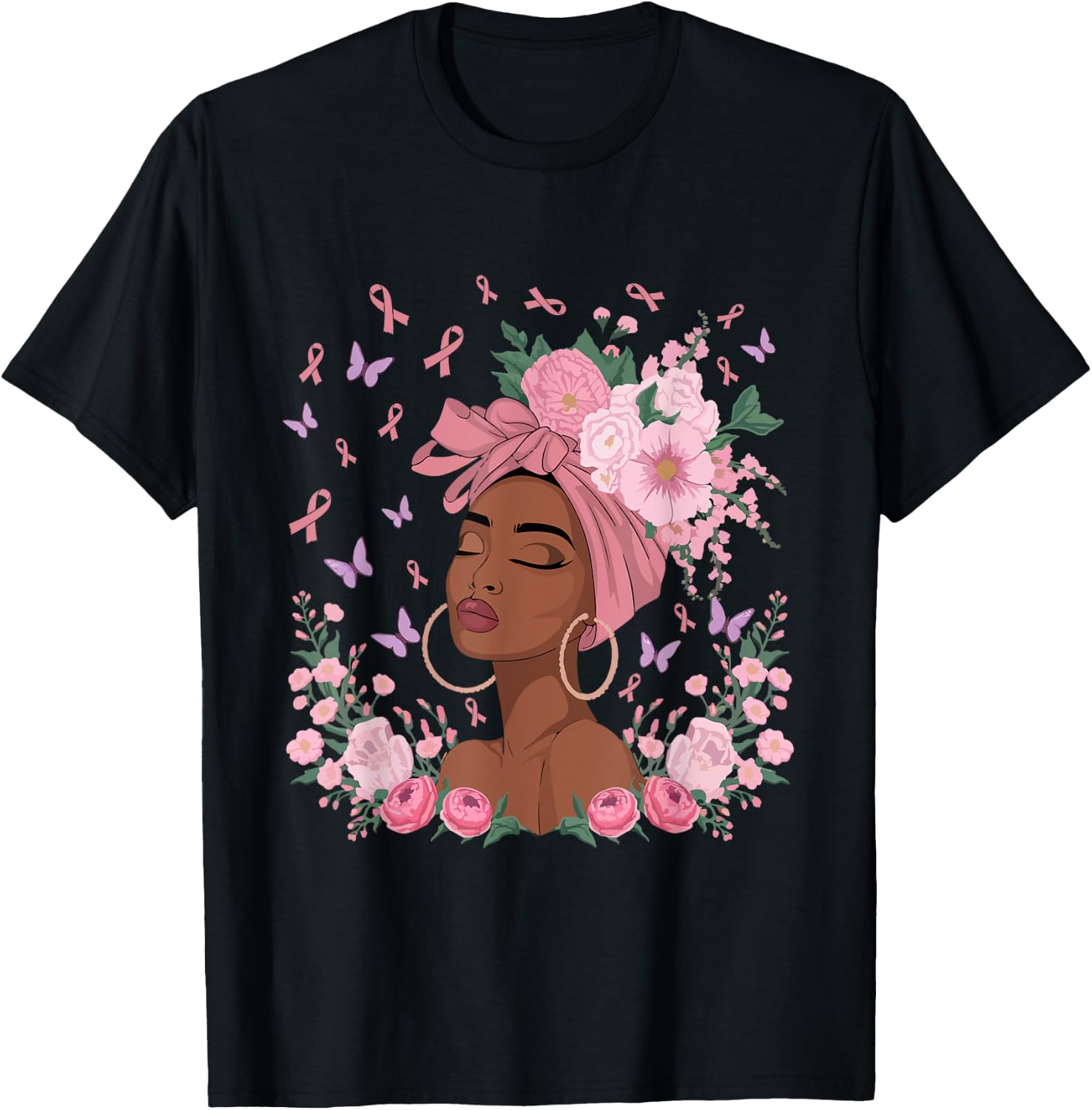 Black Woman In October We Wear Pink Ribbon Breast Cancer T-Shirt - T-Shirt | Black