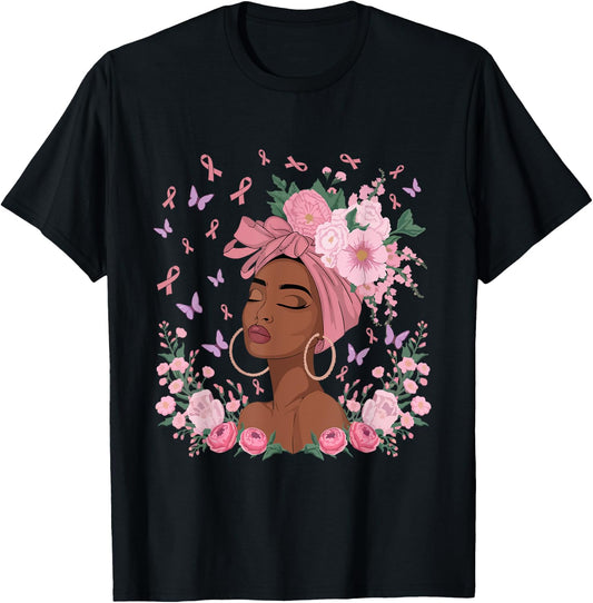 Black Woman In October We Wear Pink Ribbon Breast Cancer T-Shirt - T-Shirt | Black