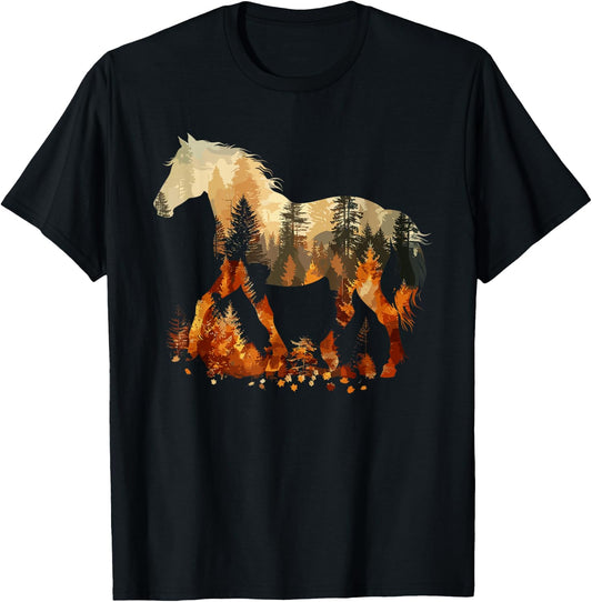 Cute Horse Lover Autumn Leaves Pony Animal Wildlife T-Shirt - T-Shirt | Black