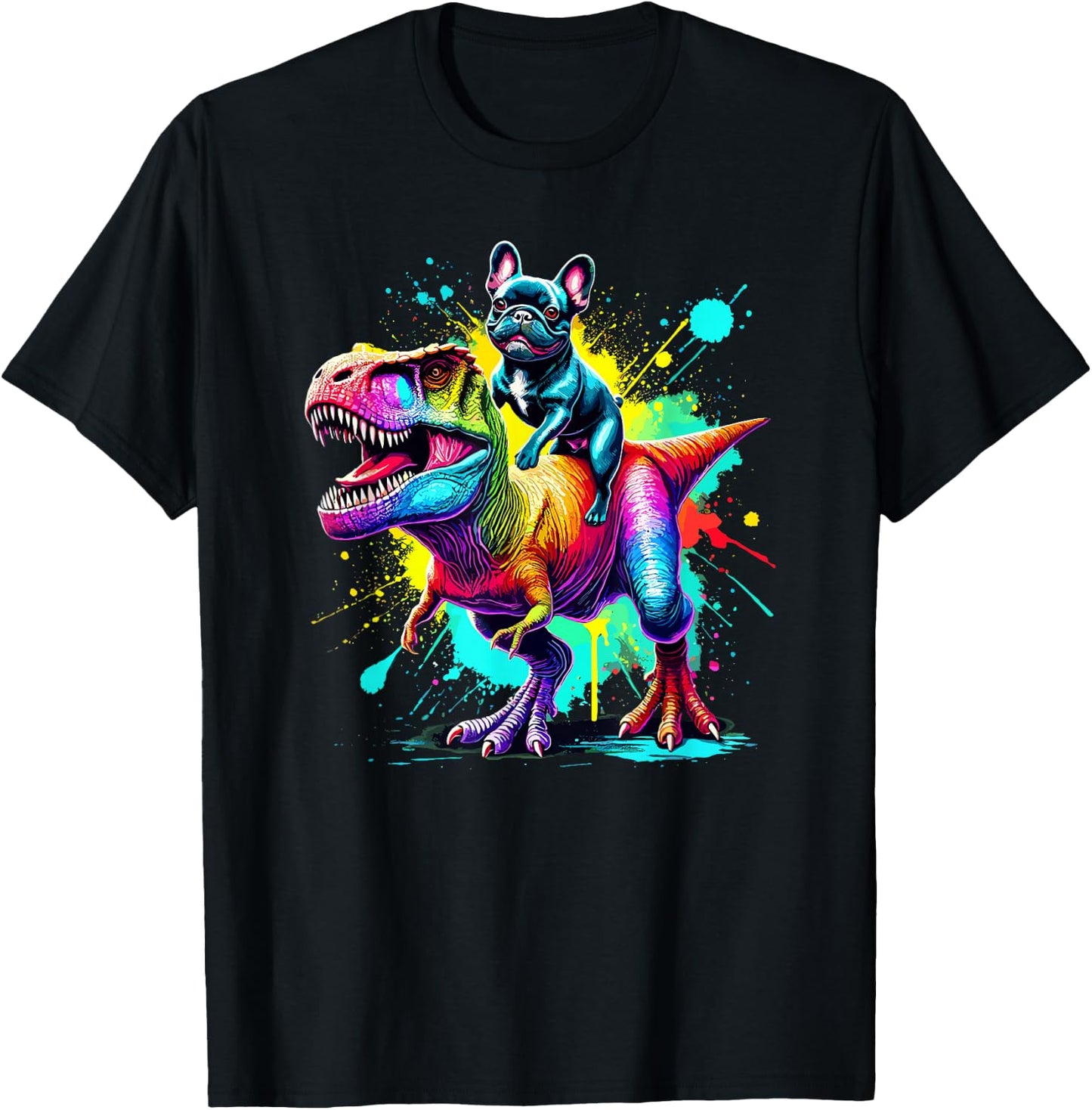 Splash Art Dinosaur T-Rex French Bulldog Frenchie T-Shirt - T-Shirt | Black