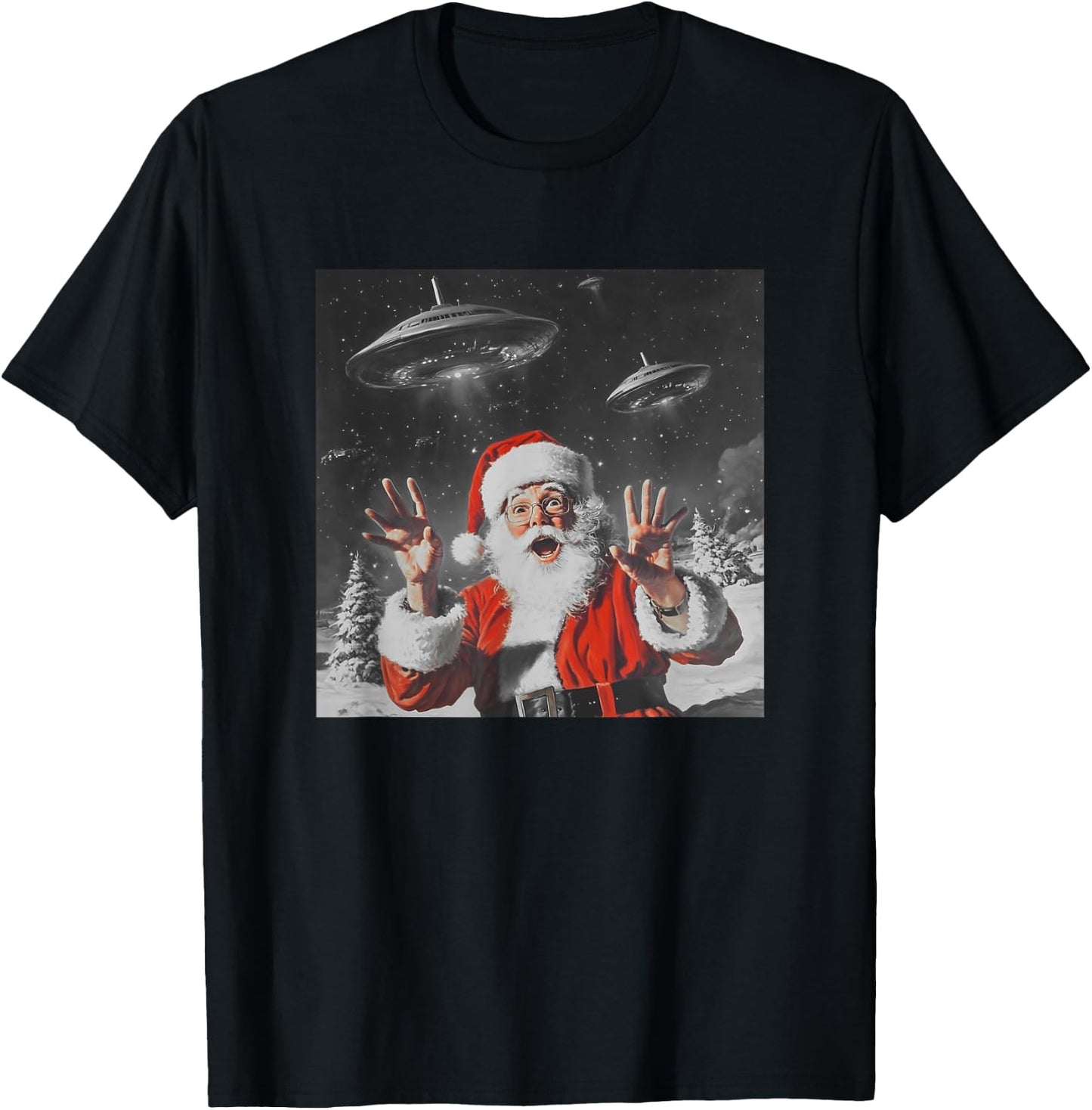 Santa Claus Selfie with UFOs Weird Print Graphic Space Funny T-Shirt - T-Shirt | Black