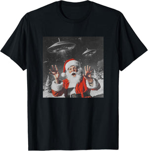 Santa Claus Selfie with UFOs Weird Print Graphic Space Funny T-Shirt - T-Shirt | Black