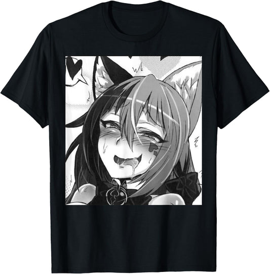Otaku Ahegao Neko Cat Ears Anime/Weeb Lover T-Shirt - T-Shirt | Black