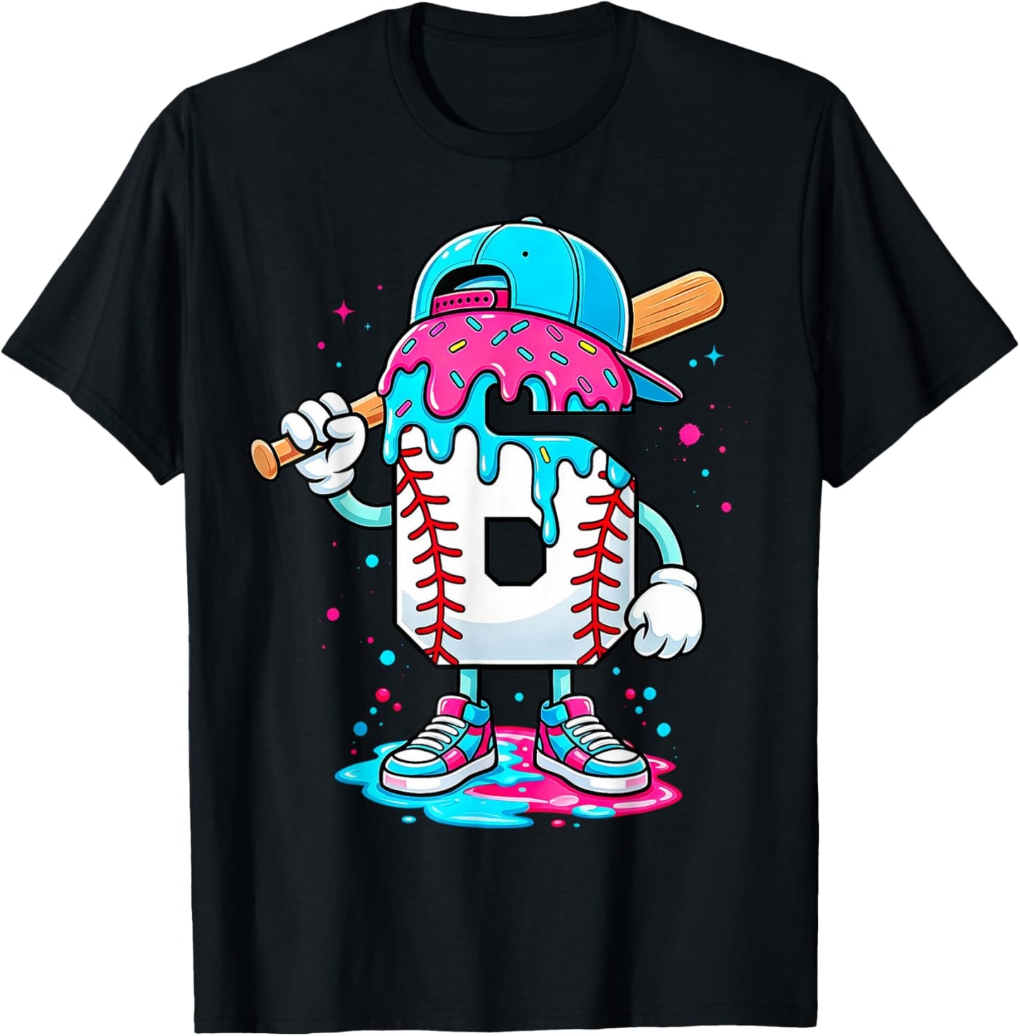 Baseball 6th Birthday Boy 6 Year Old Ice Cream Drip T-Shirt - T-Shirt | Black