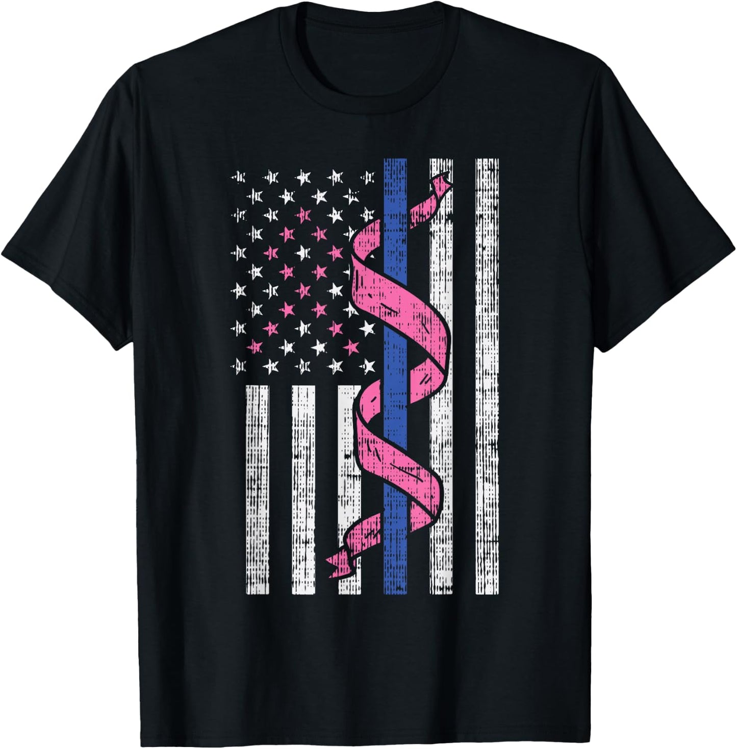 Blue Line Police US Flag Pink Ribbon Breast Cancer Awareness T-Shirt - T-Shirt | Black
