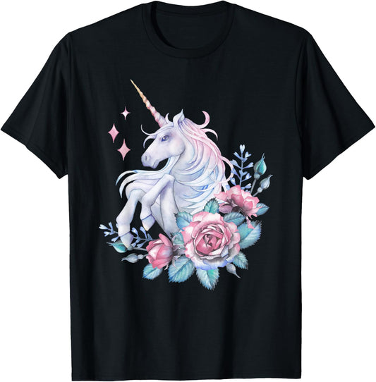 Watercolor Unicorn Horse Purple Blue Pink Flower Floral Rose T-Shirt - T-Shirt | Black
