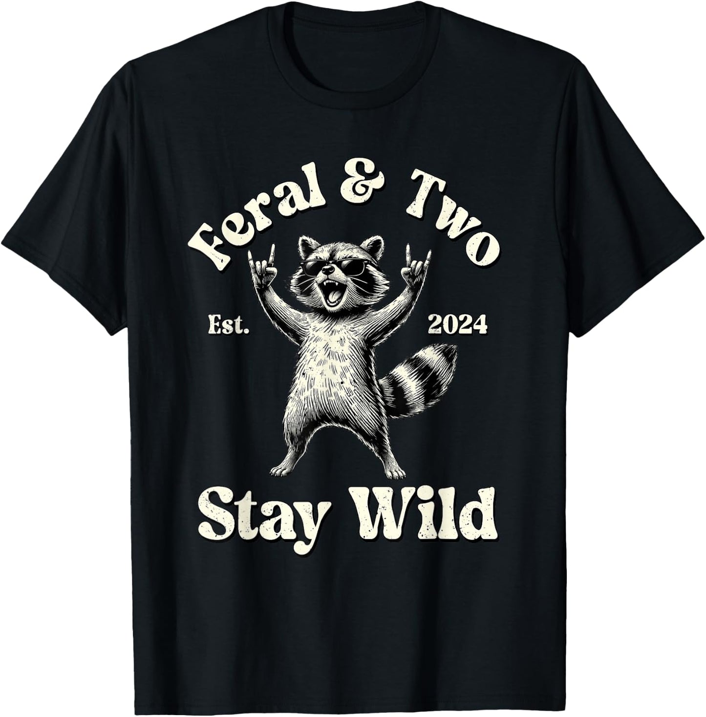 Feral & Two Est 2024 Stay Wild Raccoon 2nd Birthday Boy T-Shirt - T-Shirt | Black