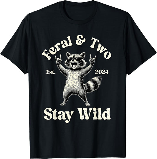 Feral & Two Est 2024 Stay Wild Raccoon 2nd Birthday Boy T-Shirt - T-Shirt | Black