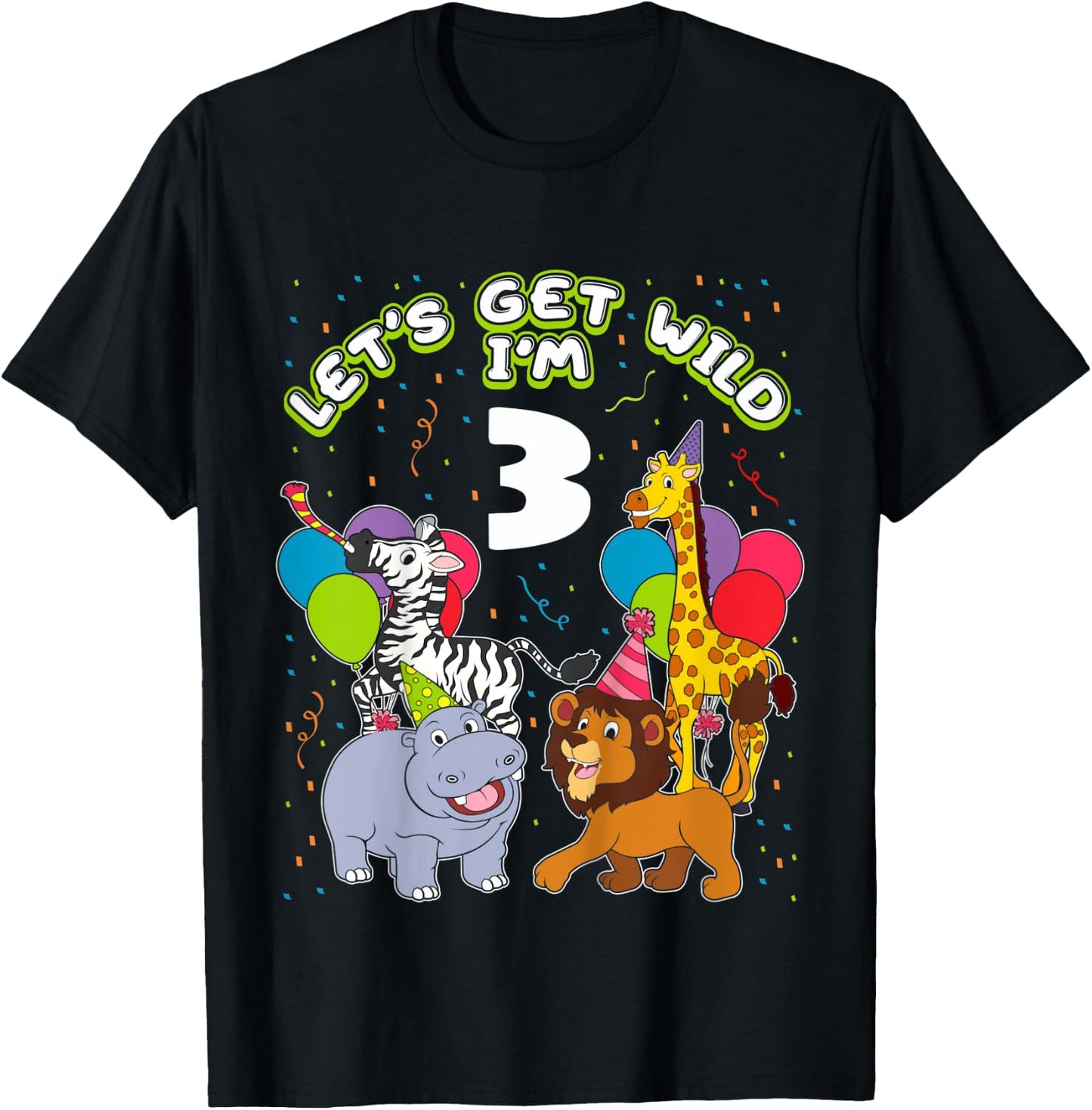 Kids Safari Birthday 3 Zoo Animals Lets get Wild I'm 3 Party Gift T-Shirt - T-Shirt | Black