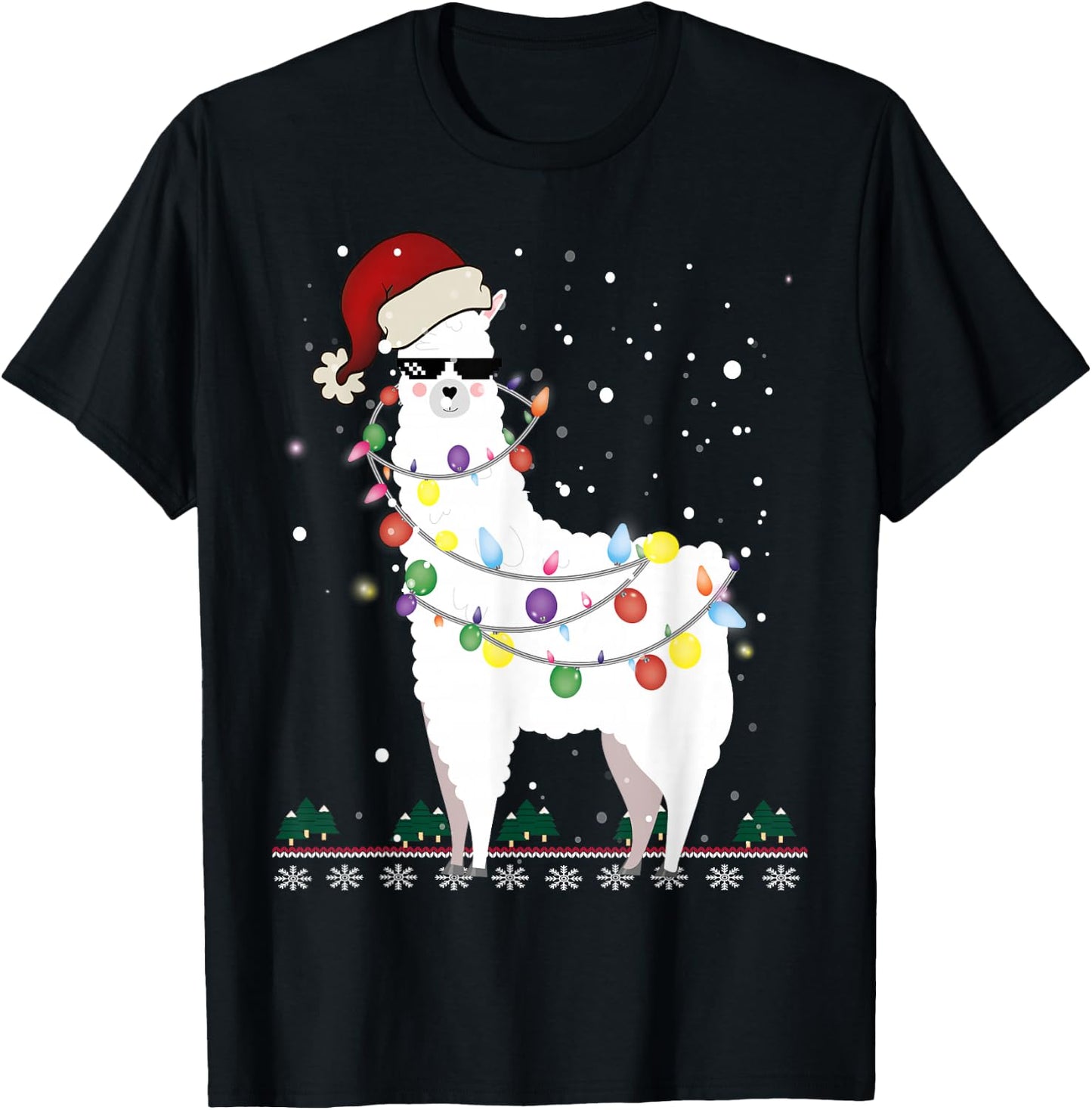 Christmas Llama Santa Hat Ugly Xmas Tree Alpaca Gift T-Shirt - T-Shirt | Black