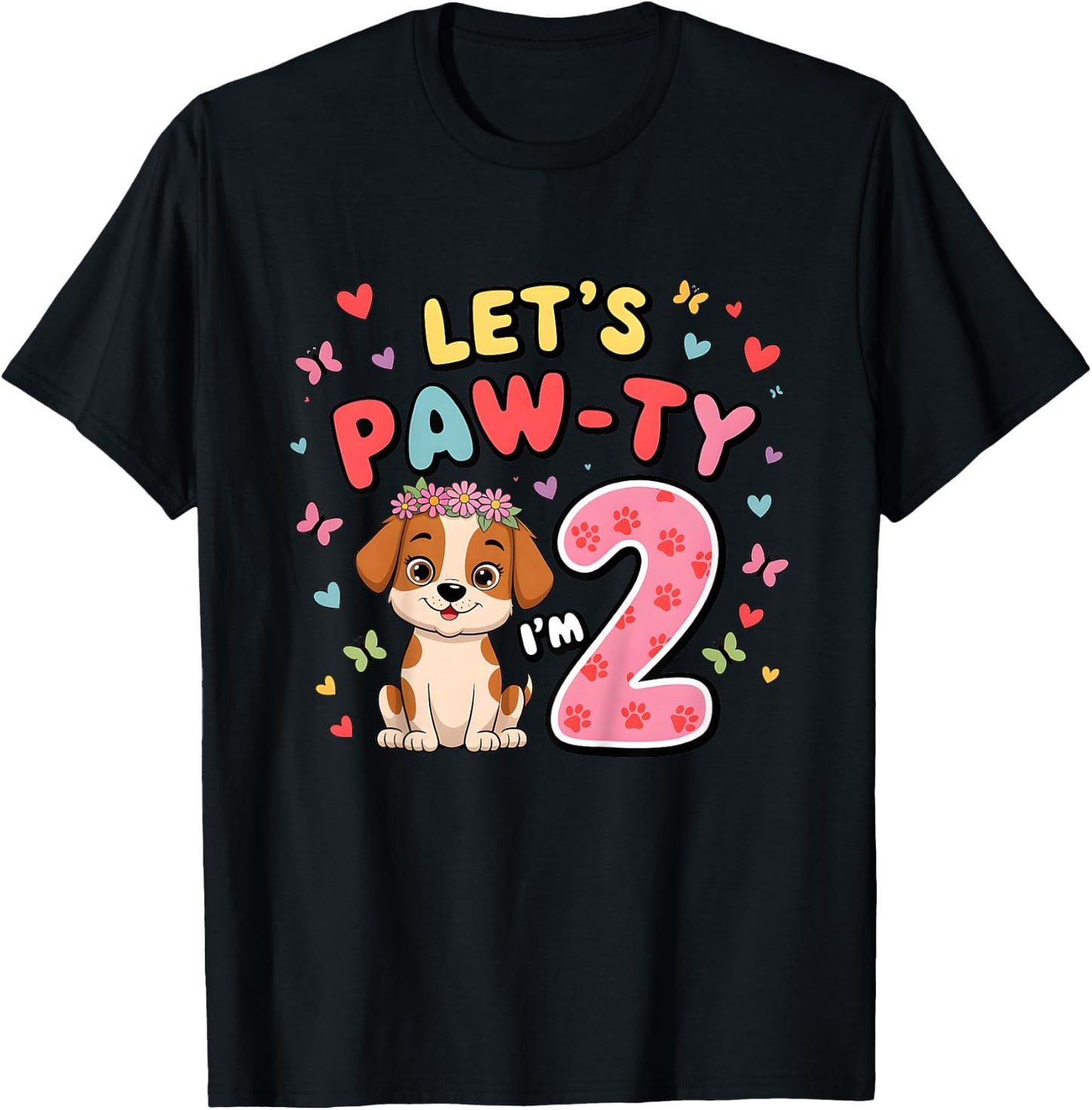 Let's Paw-ty 2th Birthday Girl Dog Puppy Lover 2 Years Old T-Shirt - T-Shirt | Black