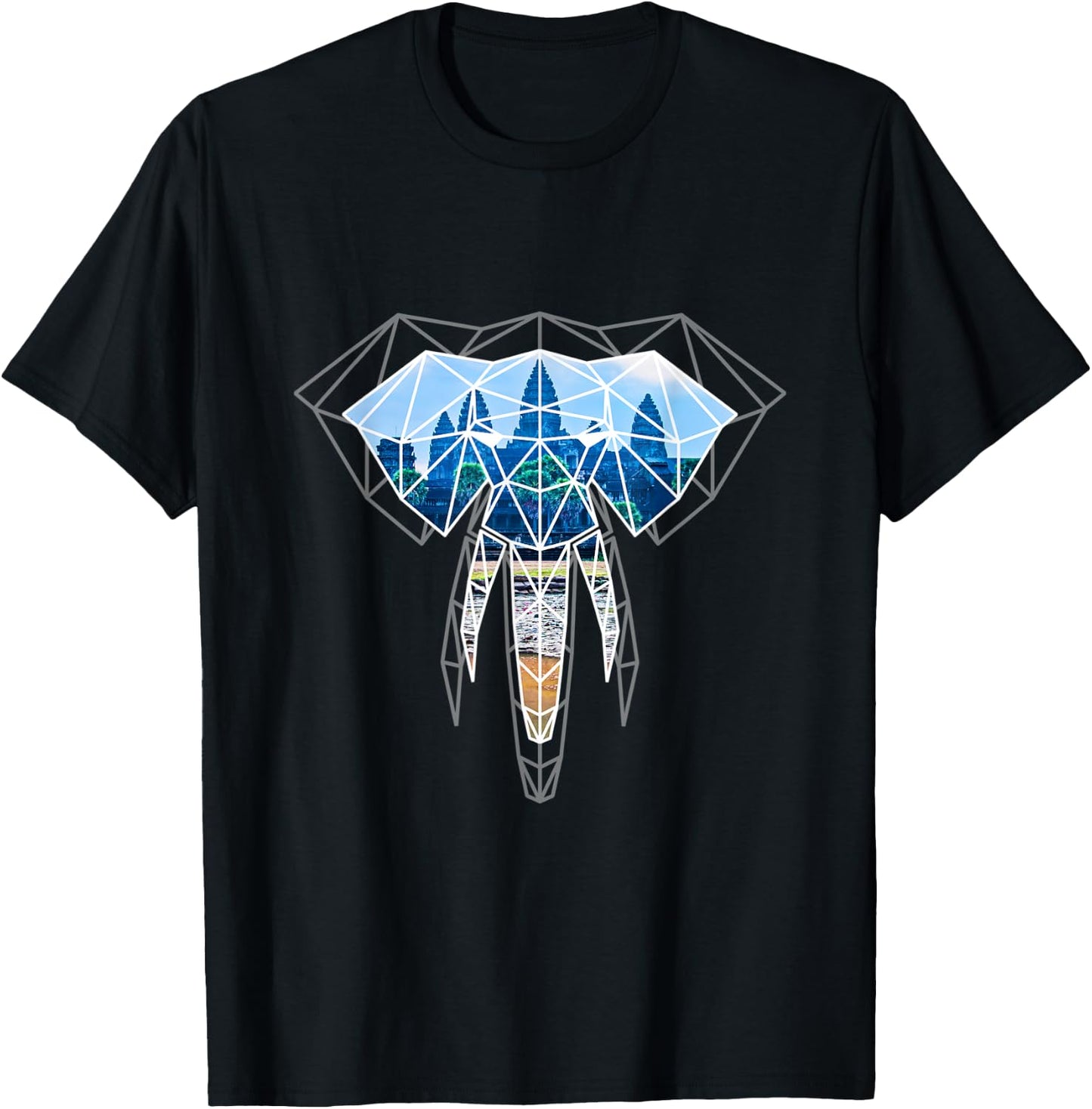 Cambodia Elephant Angkor Geometric Origami Graphic T-Shirt - T-Shirt | Black