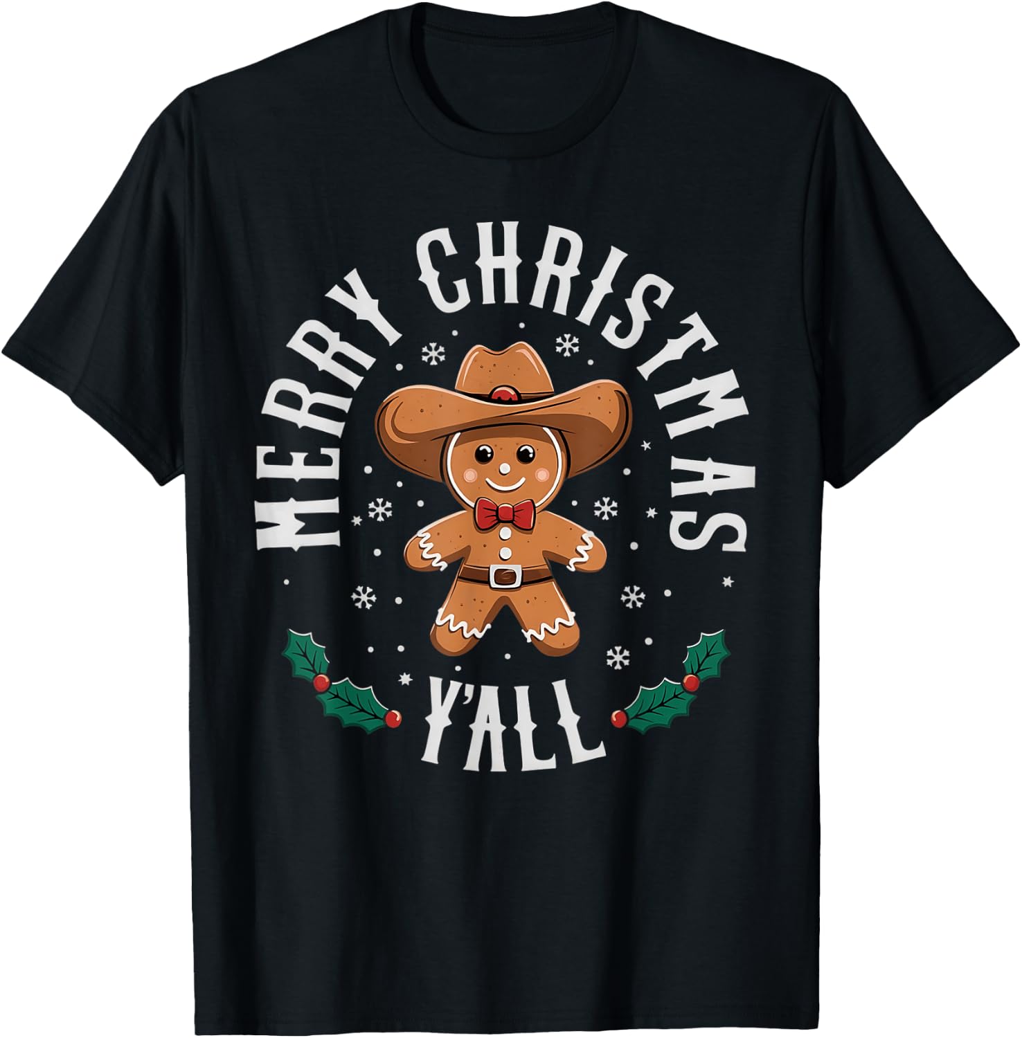 Merry Christmas Yall Gingerbread Cowboy Howdy Western Xmas T-Shirt - T-Shirt | Black