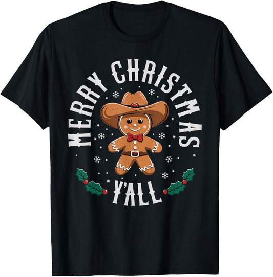 Merry Christmas Yall Gingerbread Cowboy Howdy Western Xmas T-Shirt - T-Shirt | Black