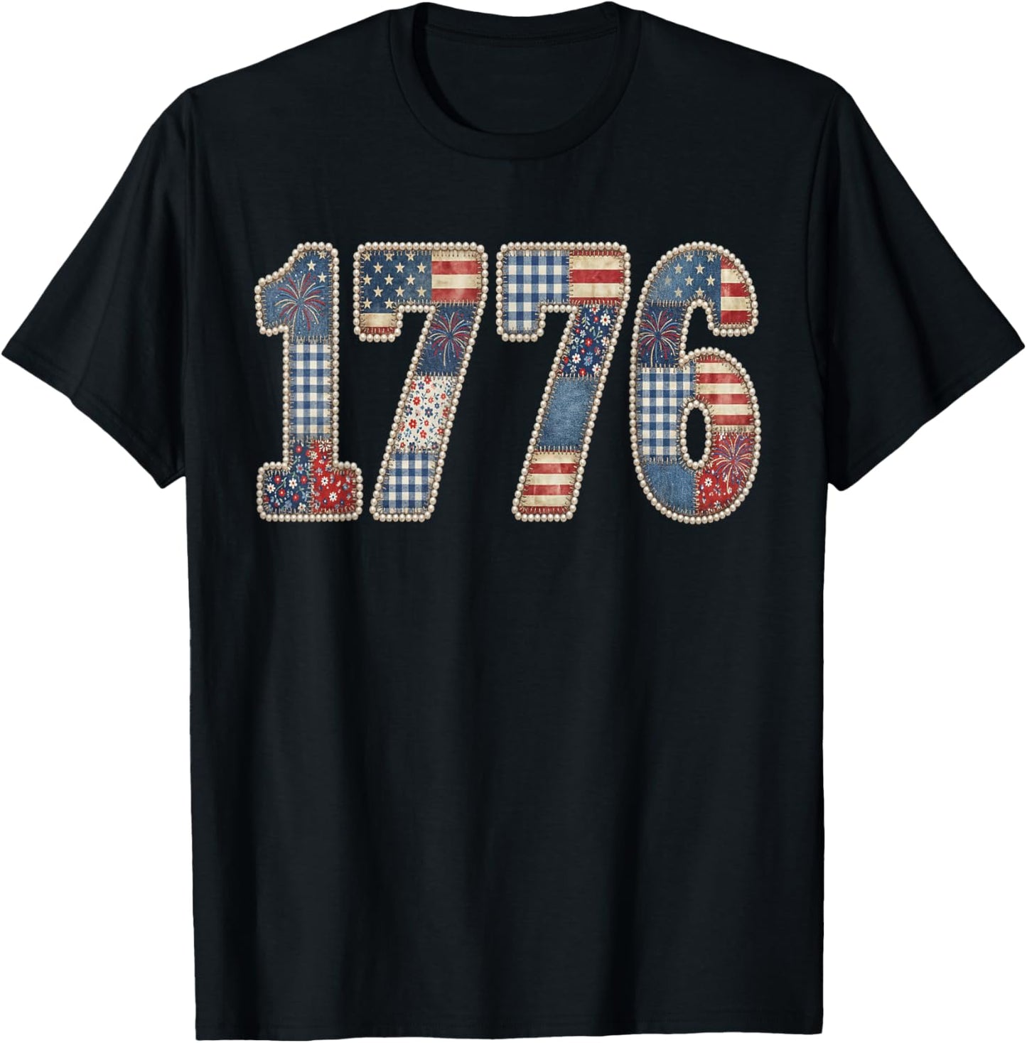 1776 Patchwork USA Vintage Patriotic American Independence T-Shirt - T-Shirt | Black