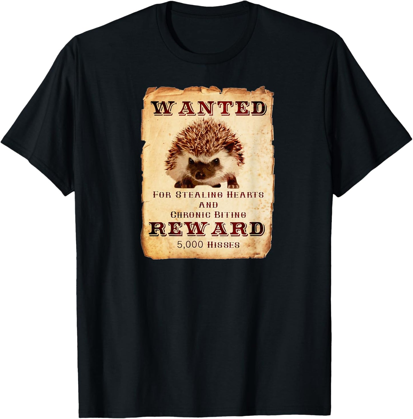 Urchin Wear Hedgehog Outlaw Wanted Poster Graphic Cute Funny Gift T-Shirt - T-Shirt | Black