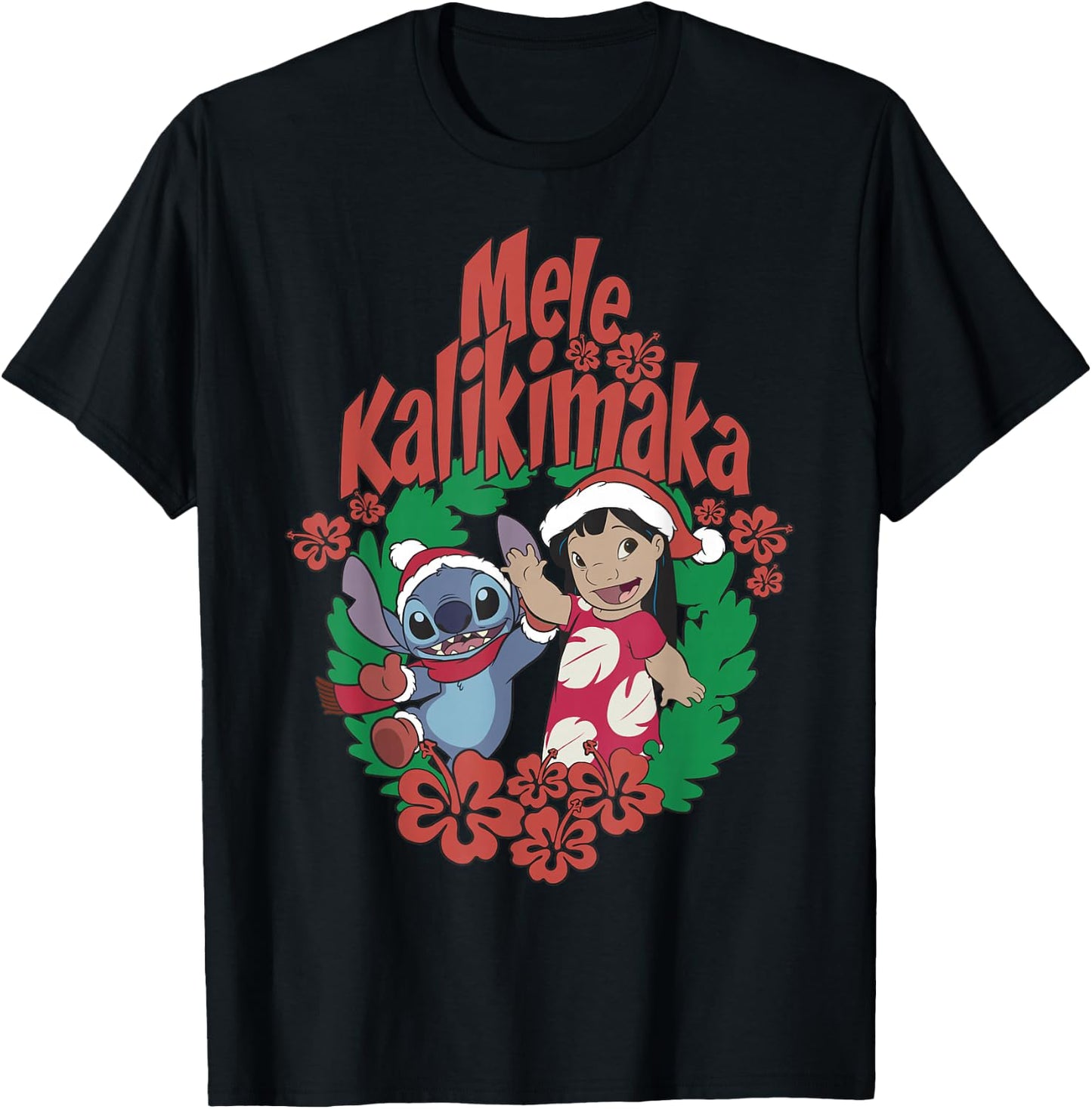 Disney Lilo & Stitch Christmas Mele Kalikimaka Wreath T-Shirt - T-Shirt | Black