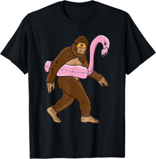 Vacation Summer Swimming Souvenir Funny Gift Ideas Pool Party Bigfoot Pink Float Flamingo Sasquatch Bird Lover -Adults T-Shirt - T-Shirt | Black