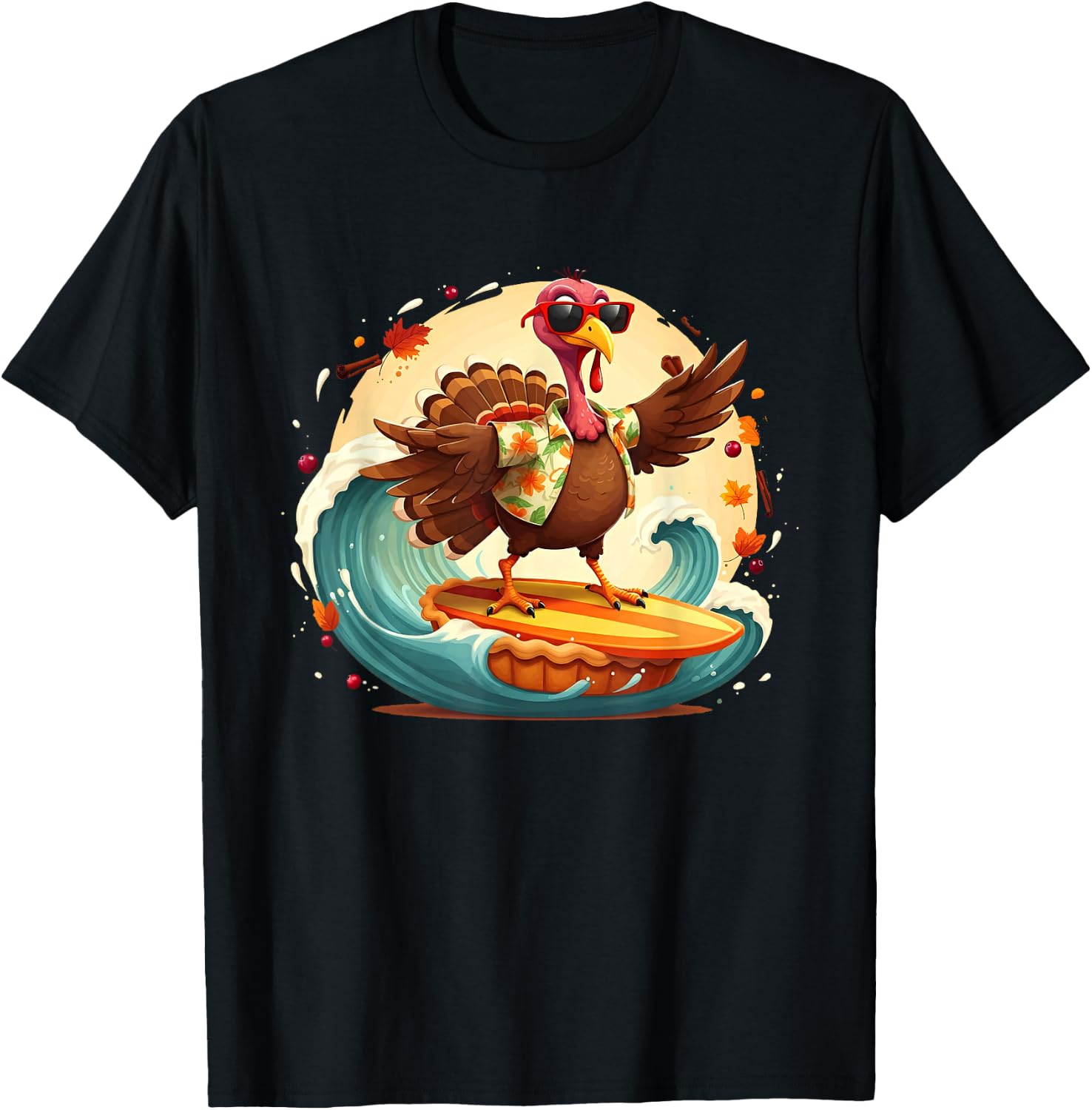 Funny Surf Hawaiian Turkey Surfing Pumpkin Pie Thanksgiving T-Shirt - T-Shirt | Black