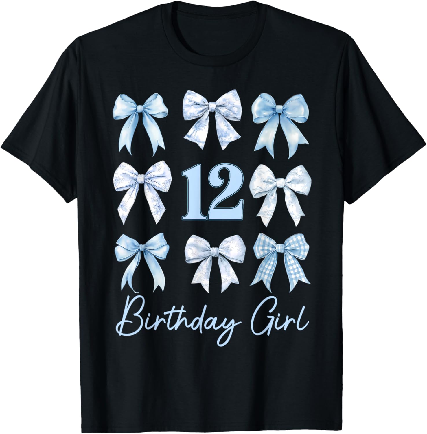 Funny 12th Birthday Girl Blue Coquette Bow 12 Year Old Kids T-Shirt - T-Shirt | Black