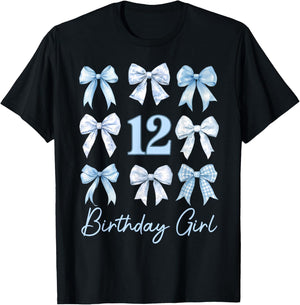 Funny 12th Birthday Girl Blue Coquette Bow 12 Year Old Kids T-Shirt - T-Shirt | Black