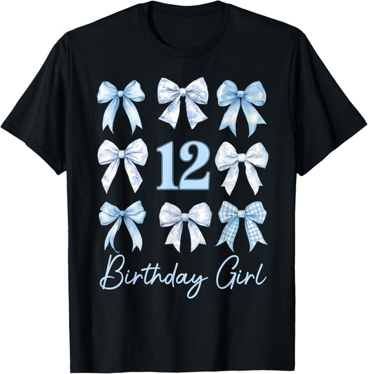 Funny 12th Birthday Girl Blue Coquette Bow 12 Year Old Kids T-Shirt - T-Shirt | Black