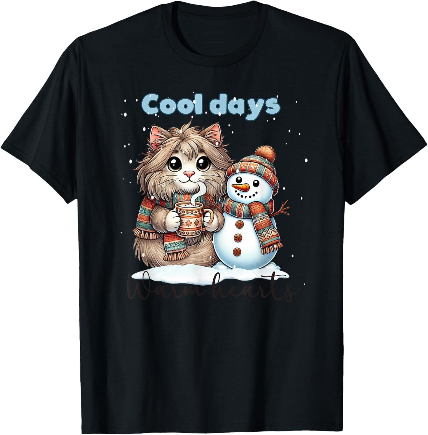 Kitty Cat and Snowman Friends Share Coffee in Winter Snow T-Shirt - T-Shirt | Black
