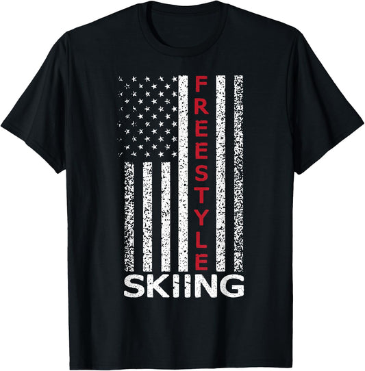 Freestyle Skiing American Flag Patriotic Skiers Gift Kids Men T-Shirt - T-Shirt | Black