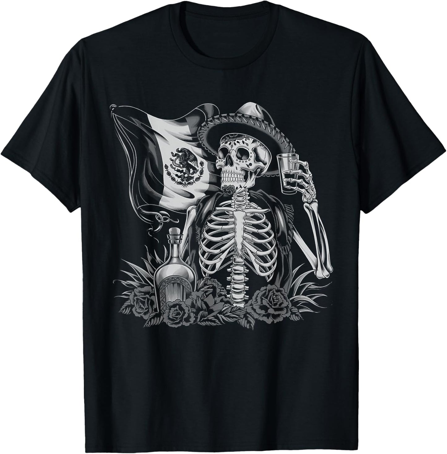 Mexico Vintage Skeleton Tequila Dia De Los Muertos Mexican T-Shirt - T-Shirt | Black
