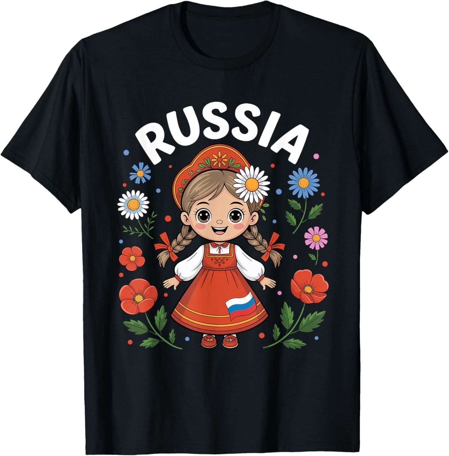Cute Russia Girl Traditional Folk Dress and Flowers for Kids T-Shirt - T-Shirt | Black
