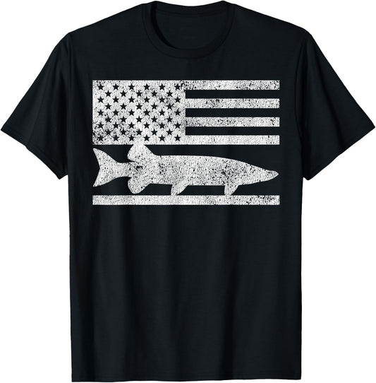 American Flag Musky Fishing Patriotic Muskie T-Shirt - T-Shirt | Black