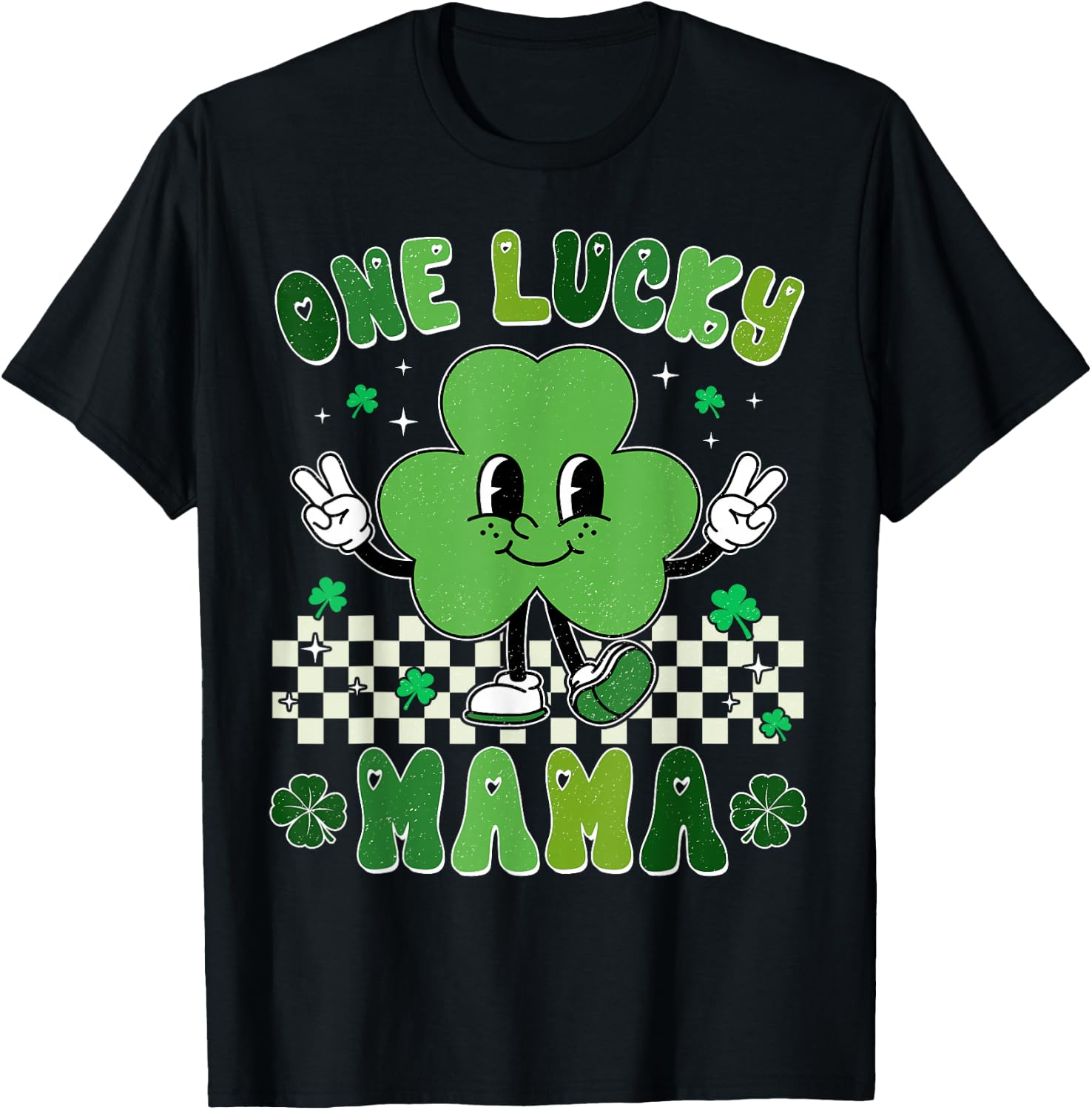 Retro Women One Lucky Mama St Patrick Day Mom Grandma T-Shirt - T-Shirt | Black