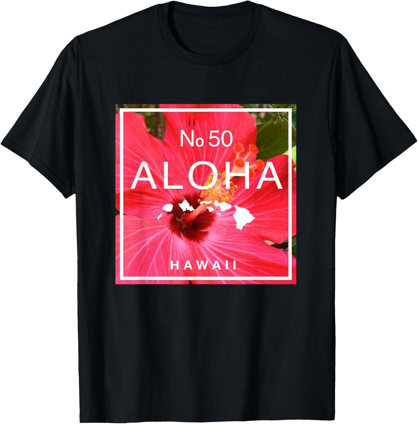 Hawaii Aloha No. 50 Red Hibiscus & Hawaiian Island Map T-Shirt - T-Shirt | Black