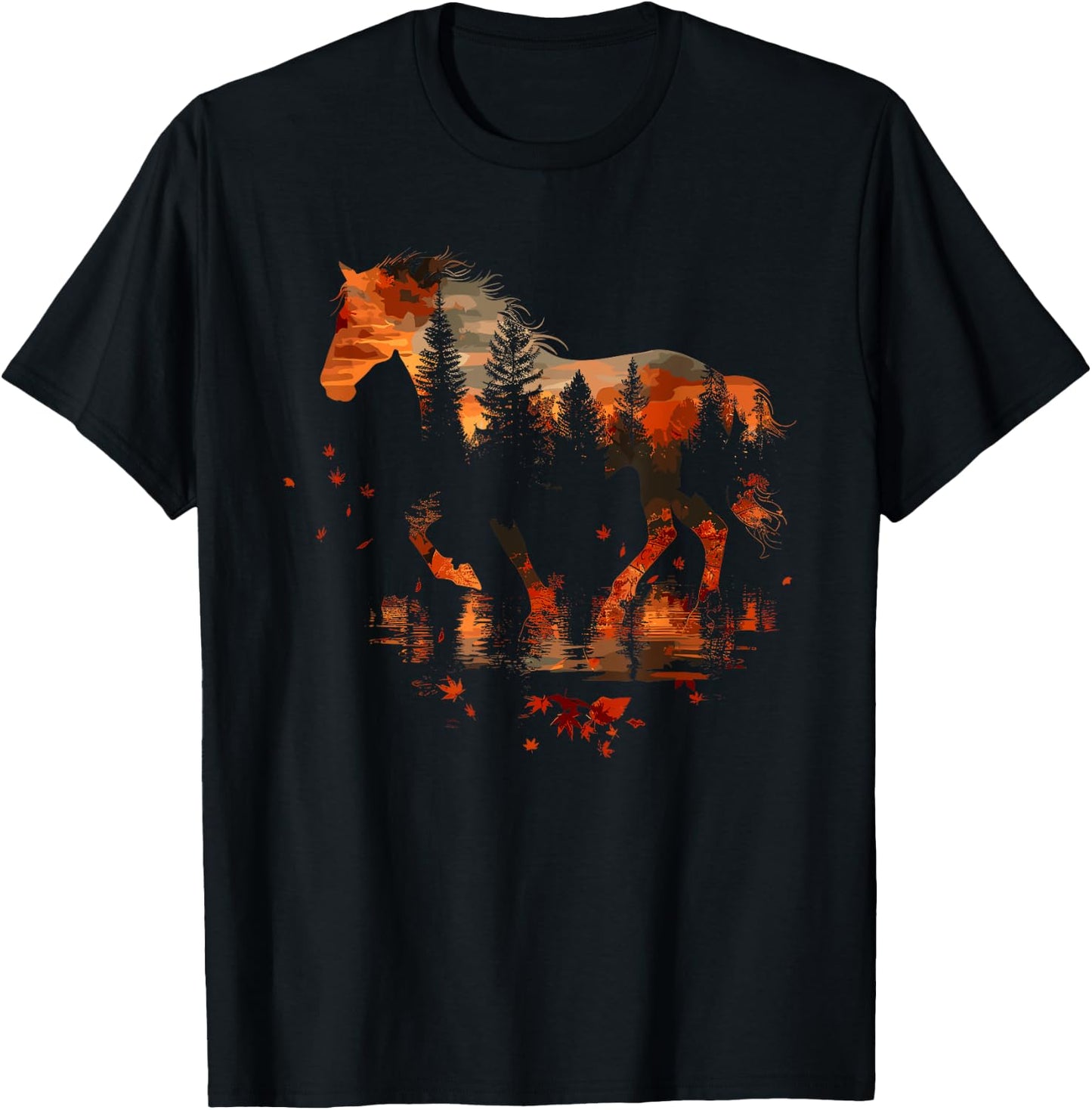 Cute Horse Lover Autumn Leaves Pony Animal Wildlife T-Shirt - T-Shirt | Black